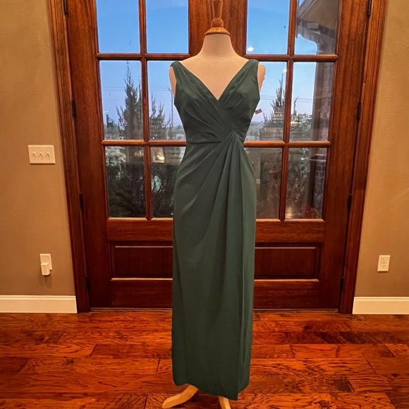 New Jenny Packham Dress Size 4 Hunter Green Drape Front High Slit JP1013 Gown - Picture 4 of 16